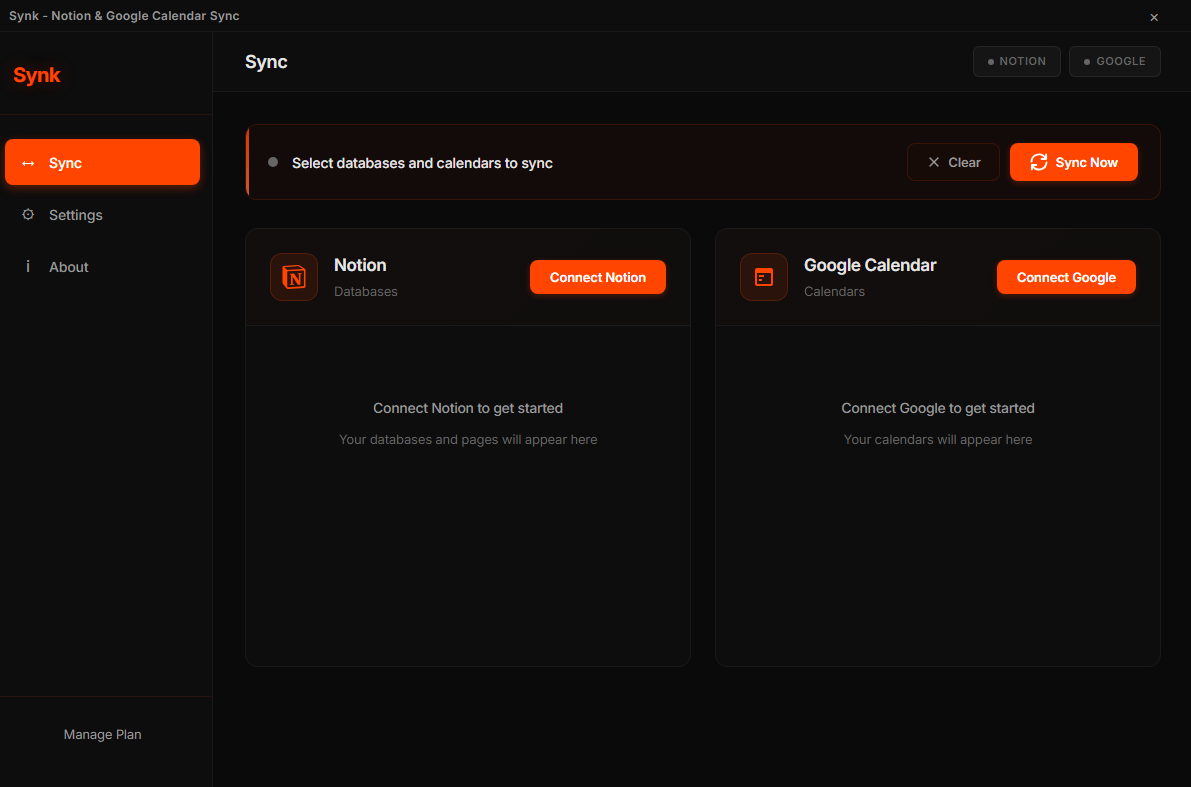 Synk app interface showing Notion and Google Calendar sync